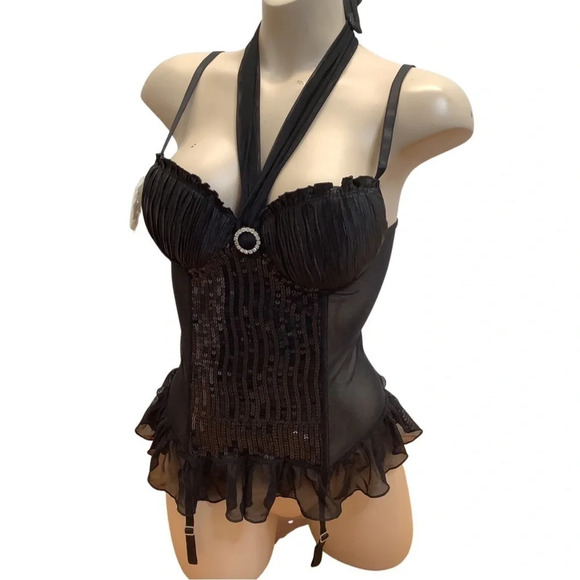 Rosset Mesh & Sequence Underwire Padded Bustier Lingerie W/Straps & Thong - Picture 1 of 9
